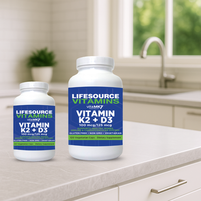 Vitamin K-2 100 mcg & D3 125 mcg (5,000 IU) - 2 Sizes / 60 & 120 Veg Caps